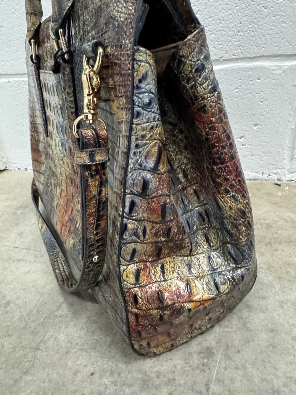 Brahmin Multicolor Croc-Embossed Satchel in Blue, Brown & Tan - Picture 4 of 9